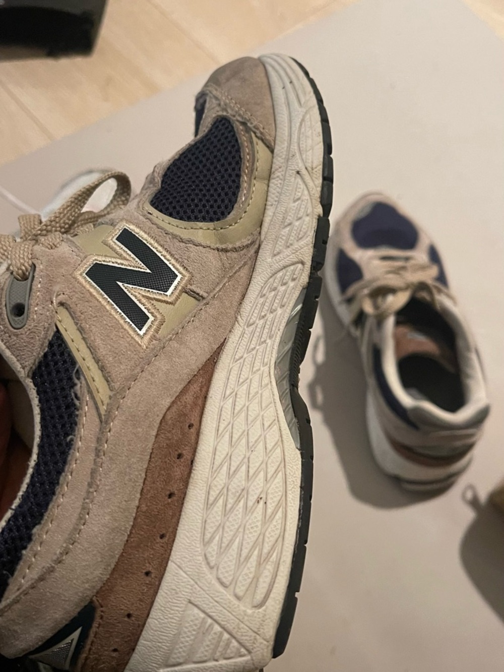 New Balance Silver, Navy & Beige Retro Running Sneakers